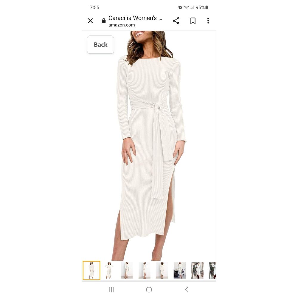 New Medium Caracilia Ribbed Crew Neck Long Sleeve Belted Knit Sweater Dress